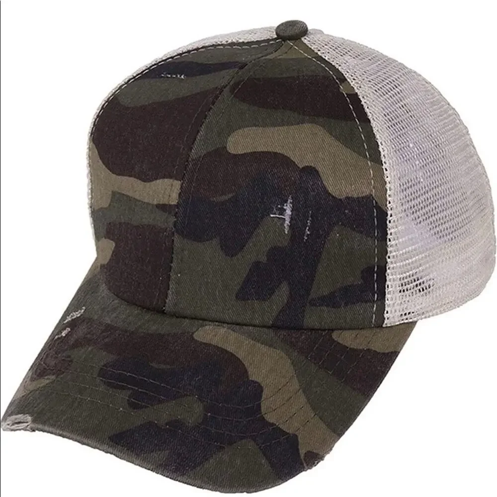 Camo Distressed NEW Baseball Hat Mesh Criss Cross High Pony Baseball Cap NEW